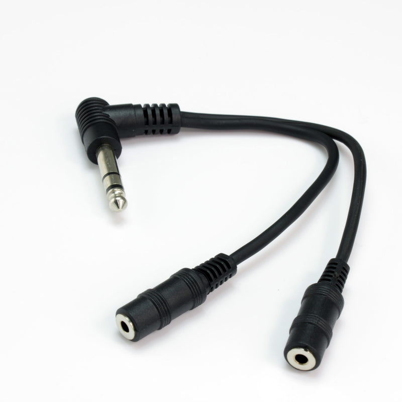 Headphone Splitter - 6.35mm angled stereo jack plug to 2 x 3.5mm stereo jack sockets