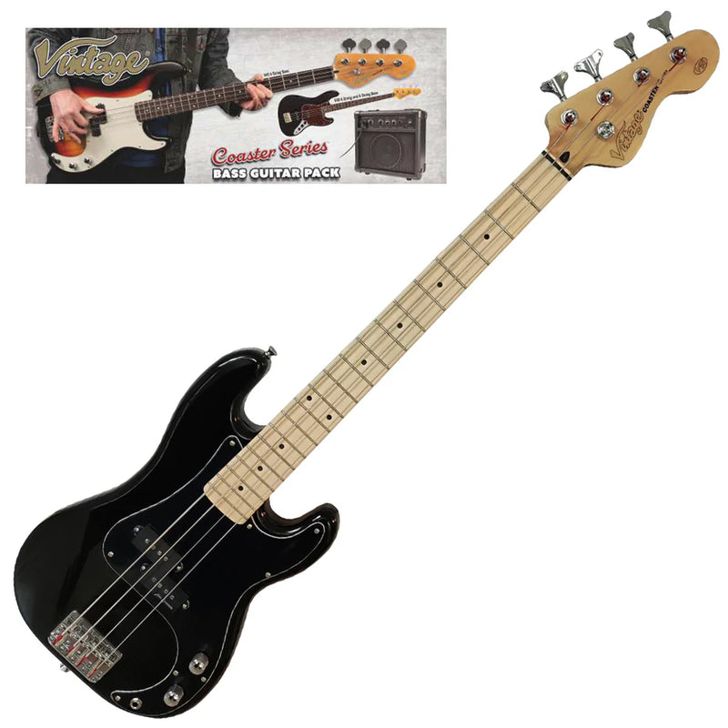 Vintage V30 Maple 7/8 Size Coaster Series Bass Guitar Pack - Boulevard Black