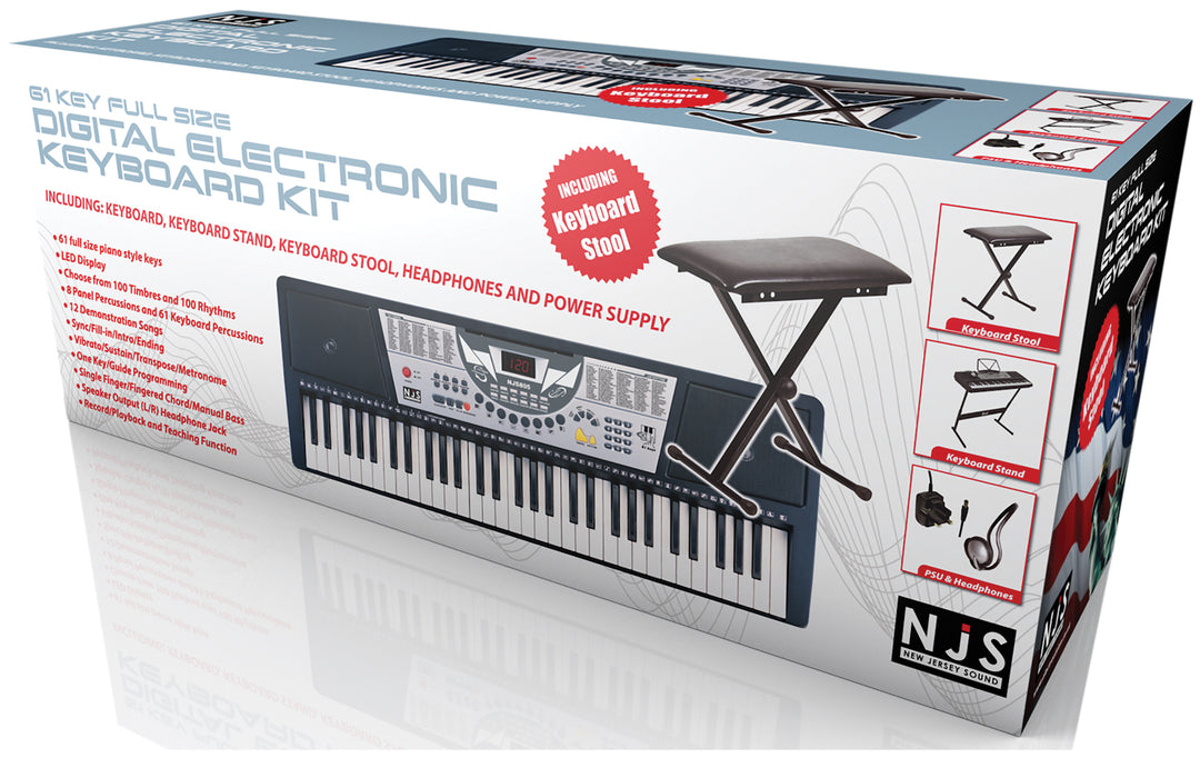 NJS 61 Key Full Size Digital Electronic Keyboard Kit Inc. Keyboard Stool
