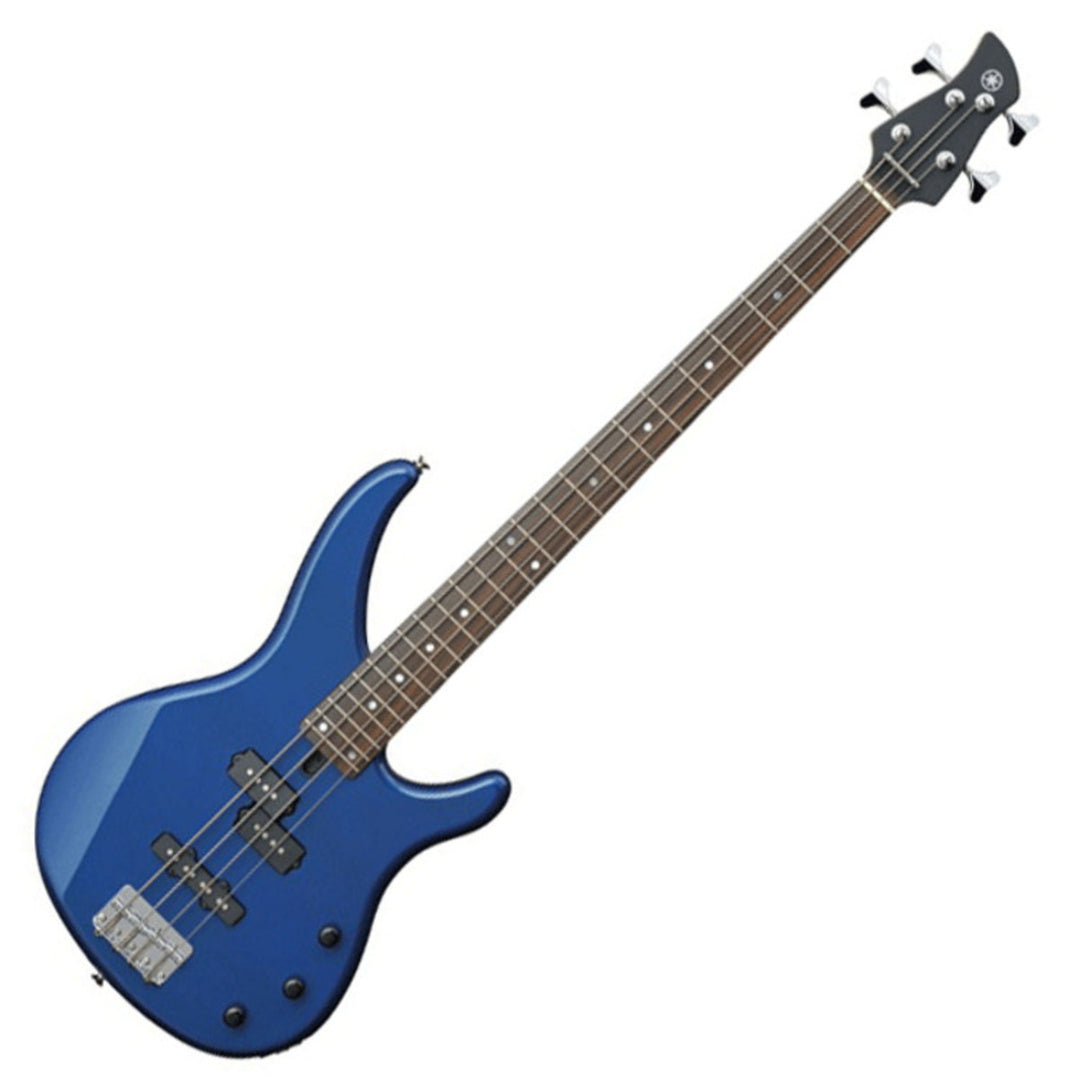 A Yamaha TRBX174 Bass Guitar in Dark Blue Metallic color with a strings, pickguard, and a black headstock.