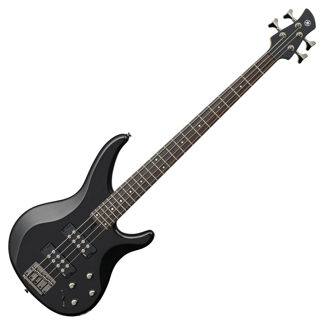 A black Yamaha TRBX304 Bass Guitar with a sculpted body and 5-piece maple/mahogany neck.