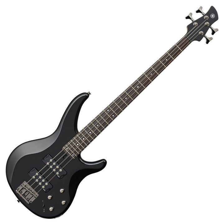 A black Yamaha TRBX304 Bass Guitar with a sculpted body and 5-piece maple/mahogany neck.