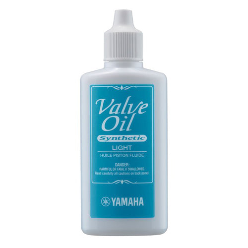 A bottle of Yamaha Synthetic Valve Oil, Light viscosity, with blue label.